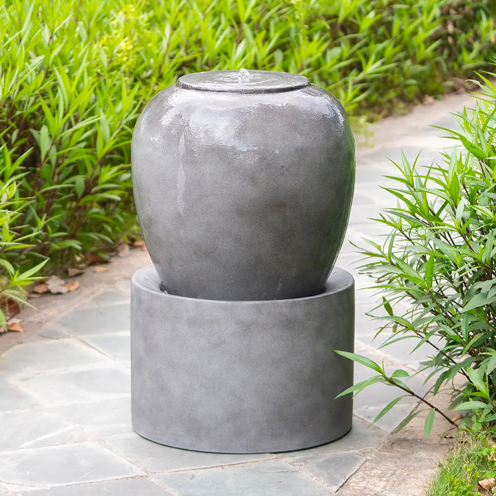 Heavy Outdoor Cement Fountain Antique Gray 19.5X19.5X32.5 Inches Unique Urn Design evergreen decor