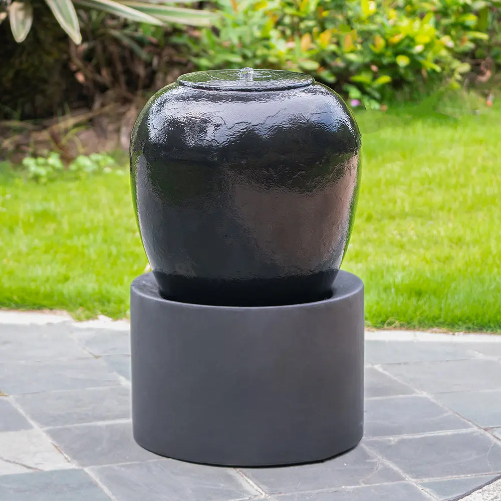 Heavy Outdoor Cement Fountain Black 19.5X19.5X32.5 Inches Unique Urn Design evergreen decor