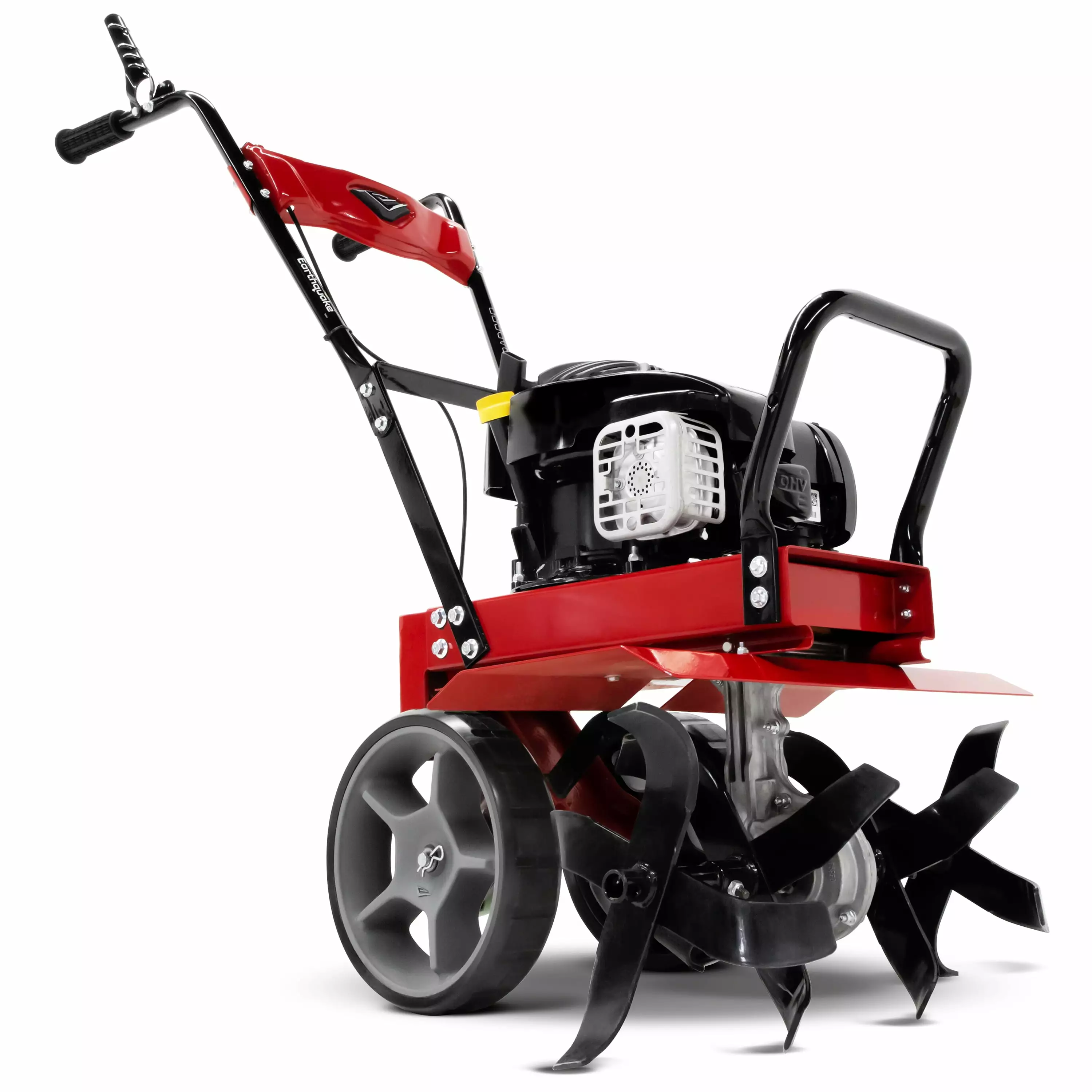 Earthquake Badger Front Tine Tiller. Powerful 140cc 4-Cycle Briggs and Stratton Engine. Two-Position Wheel Assembly. Adjus...