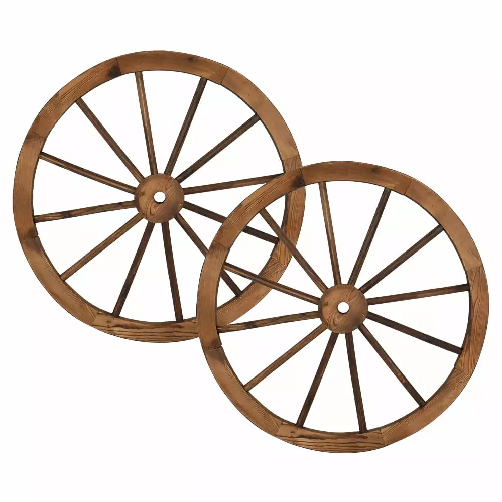 BMTBUY 2pcs 30-Inch Old Western Style Garden Art Wall Decor Wooden Wagon Wheel Brown