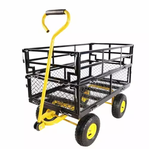 Zoeye Metal Wagon Cart Garden Cart Trucks Make It Easier to Transport Firewood Yellow+Black
