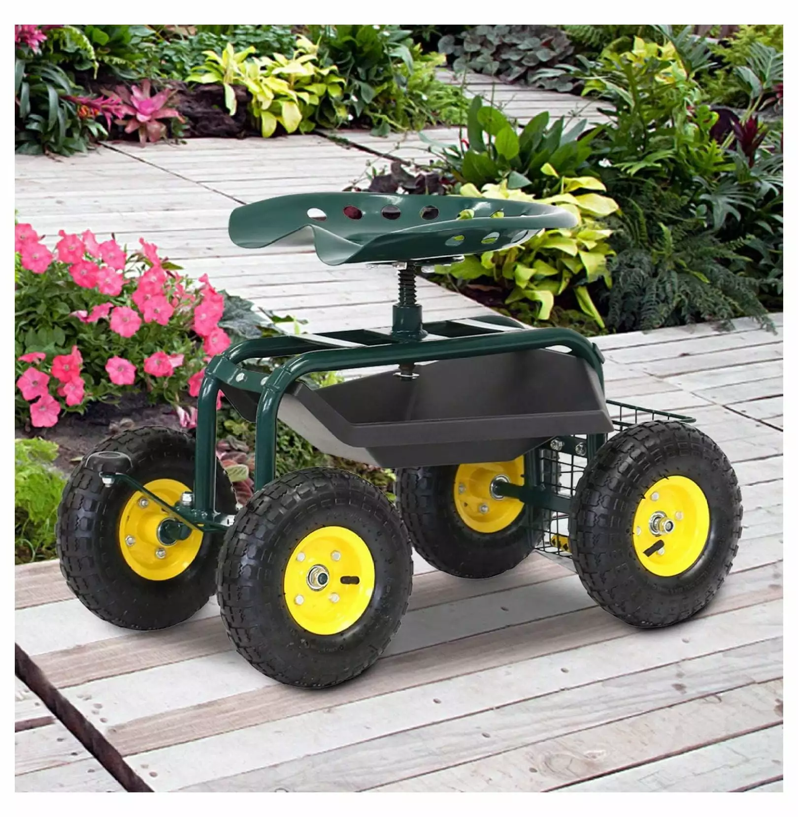 YUNTIE Garden Cart Rolling Work Seat Patio Wagon Scooter Planting Utility Tool Tray and Binquireet. Green