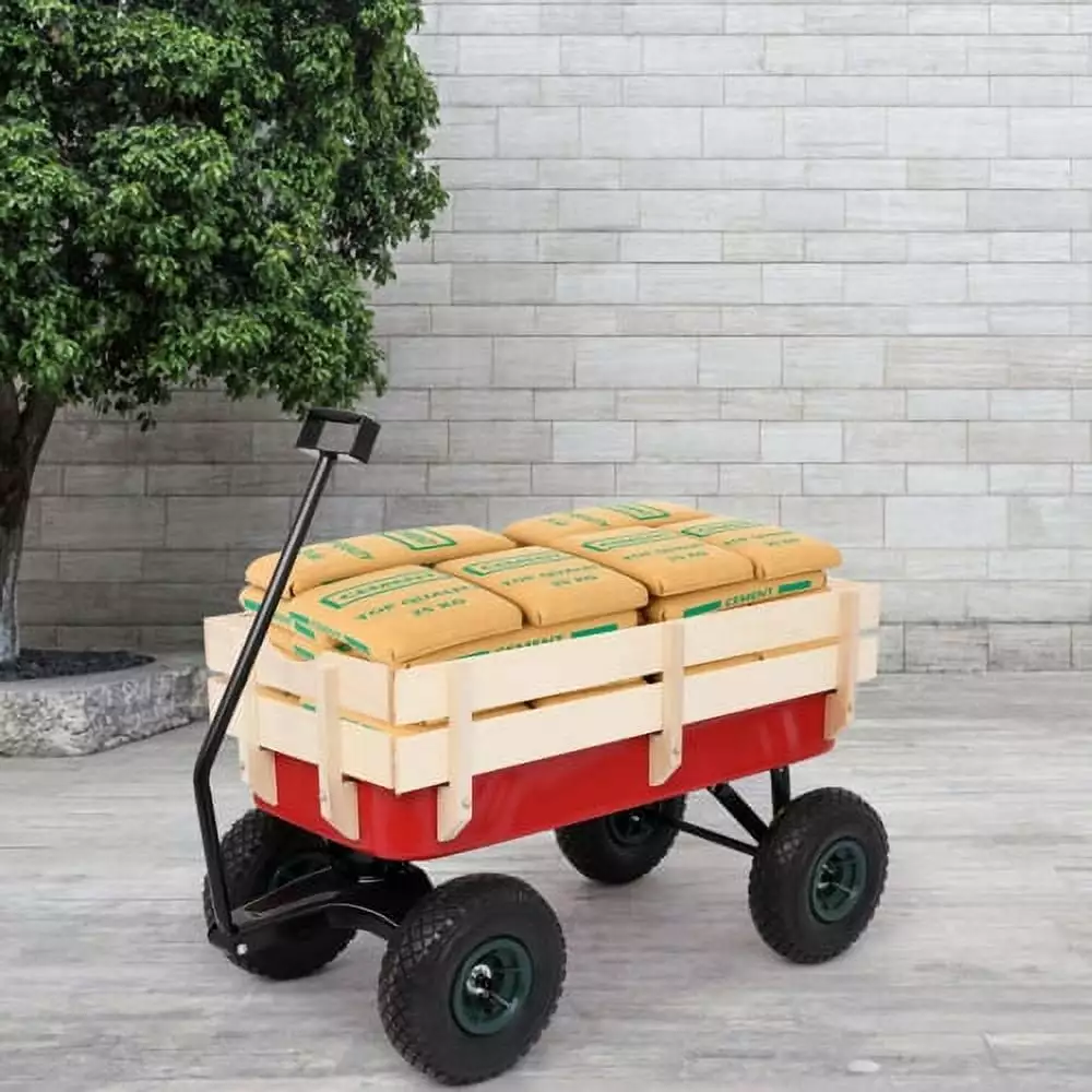 EasingRoom 97x43x78cm Garden Wagon Wood Wagon ALL Terrain Pulling Red w/ Wood Railing Garden Cart