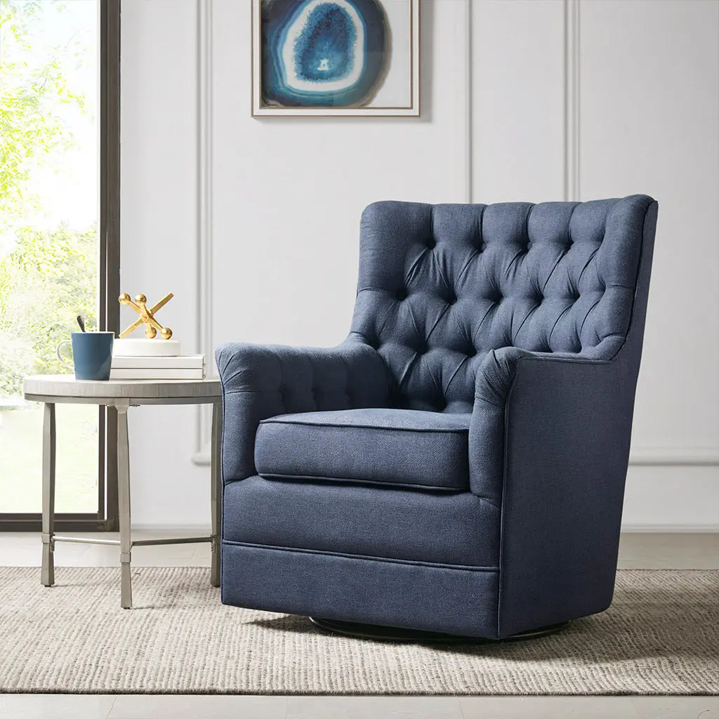 Mathis Swivel Glider Chair Blue Solid Wood Comfortable Lounge Chair jla