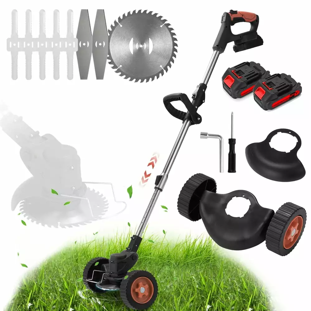 CACAGOO Electric Cordless Weed Wacker Foldable Weed Eater. Grass trimmer 2 Batteries 3 Types Blades Lawns Garden and Yard ...