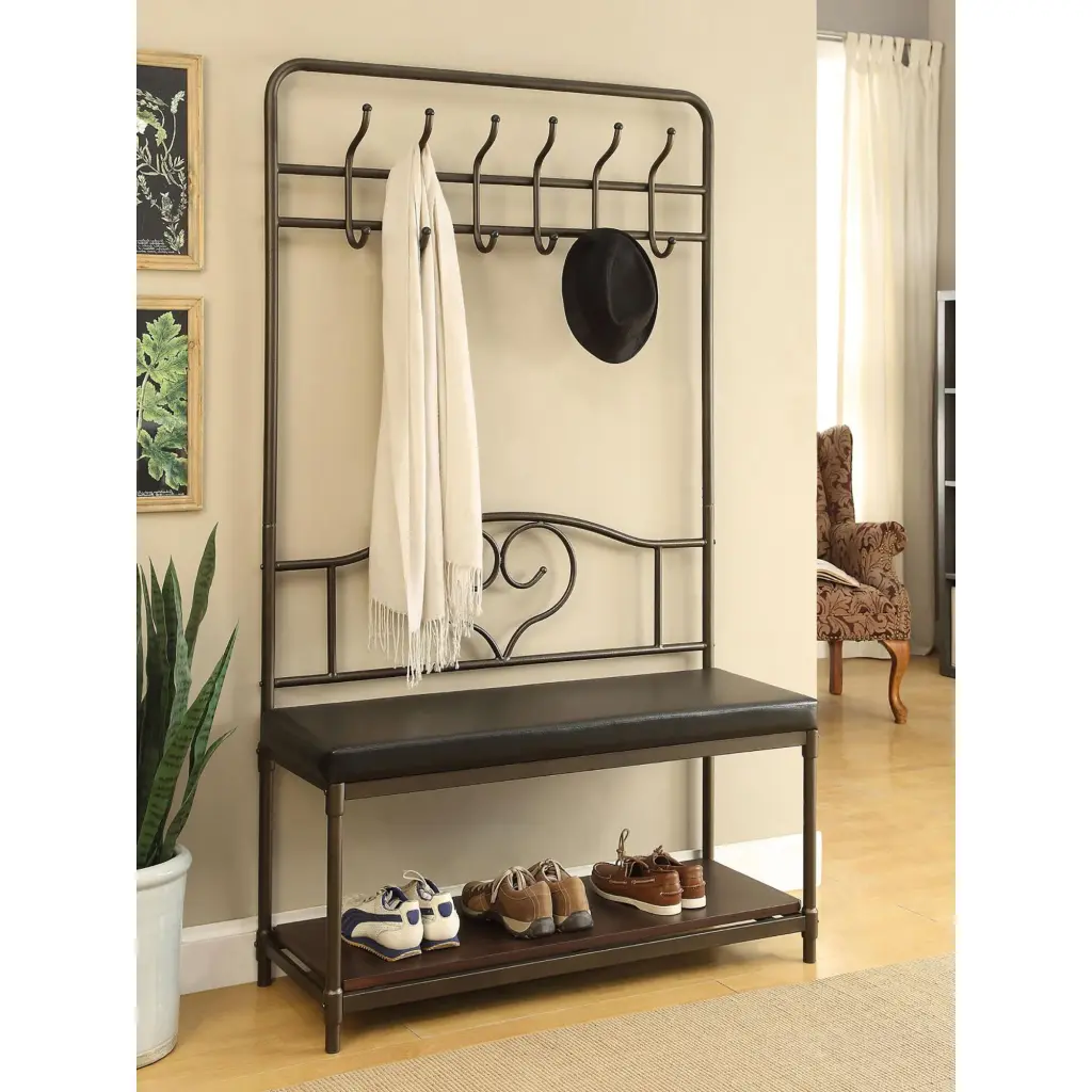 Black and Walnut 6 Hook Hall Tree Brown Primary Living Space furniture max