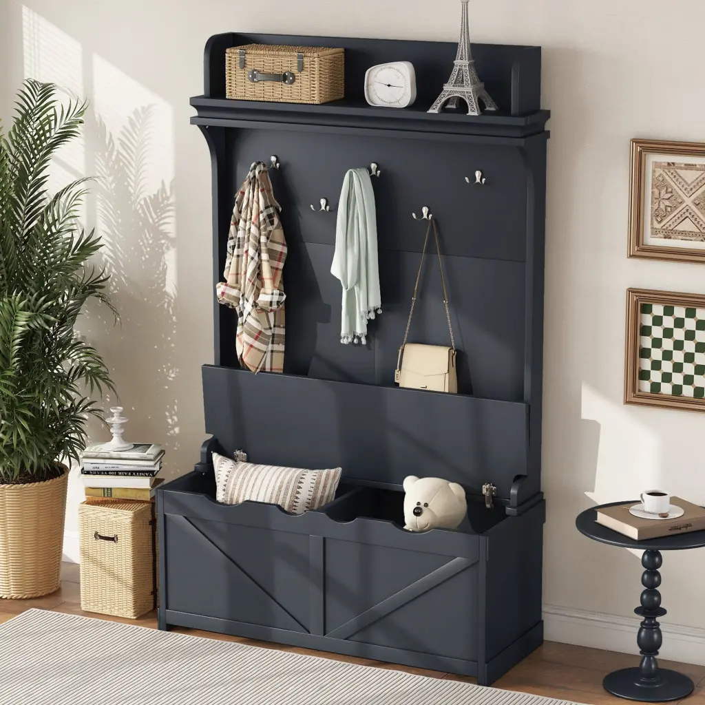 Hall Tree Storage Bench Entryway Bench Drawer And 5 Hooks magic more