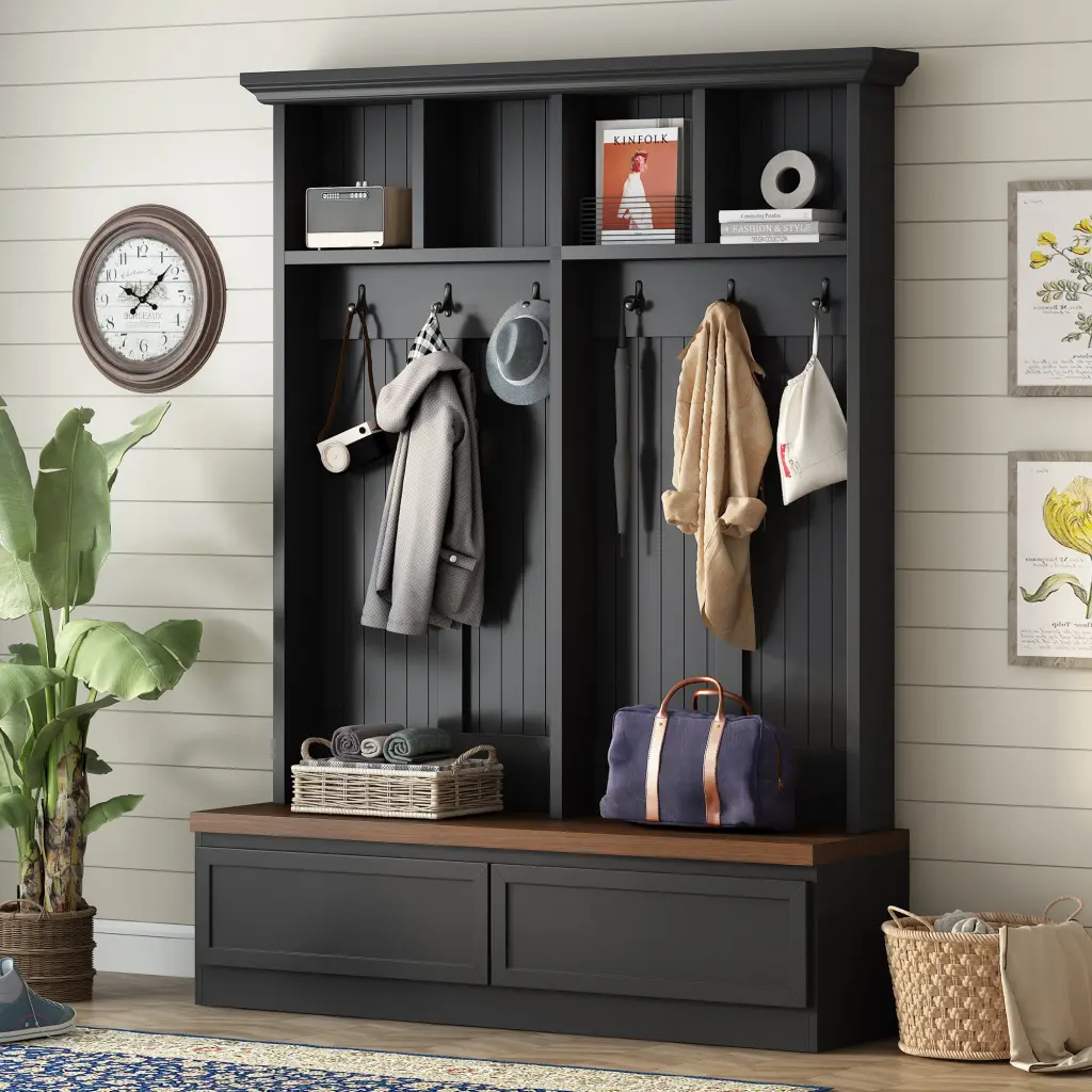 Farmhouse 4 1 Hall Tree Wood Grain Bench Mudroom Multi-Functional Coat Rack on-trend