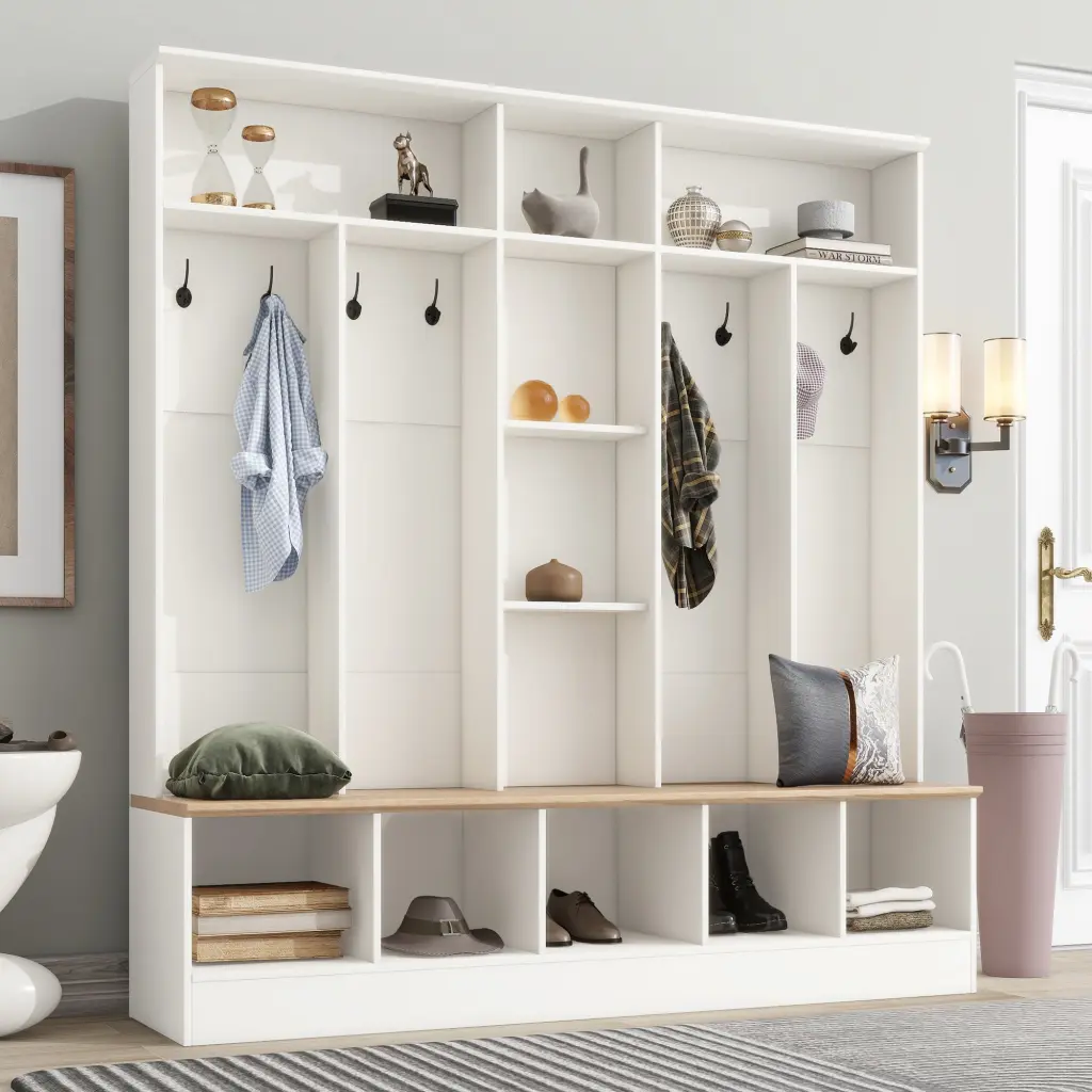 Wide Design Hall Tree Storage Bench Minimalist Shoe Cabinet Hooks on-trend