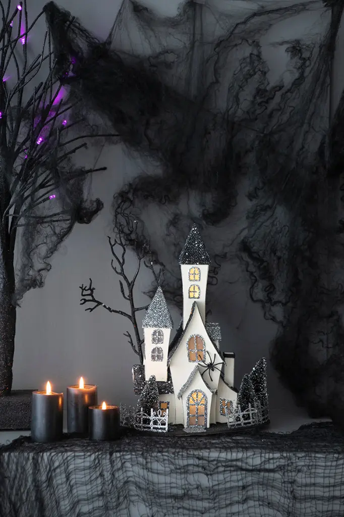 10X8.3X13.5 Inch Cardboard Lighted Haunted House Black Beige Tabletop Halloween Decor w2078