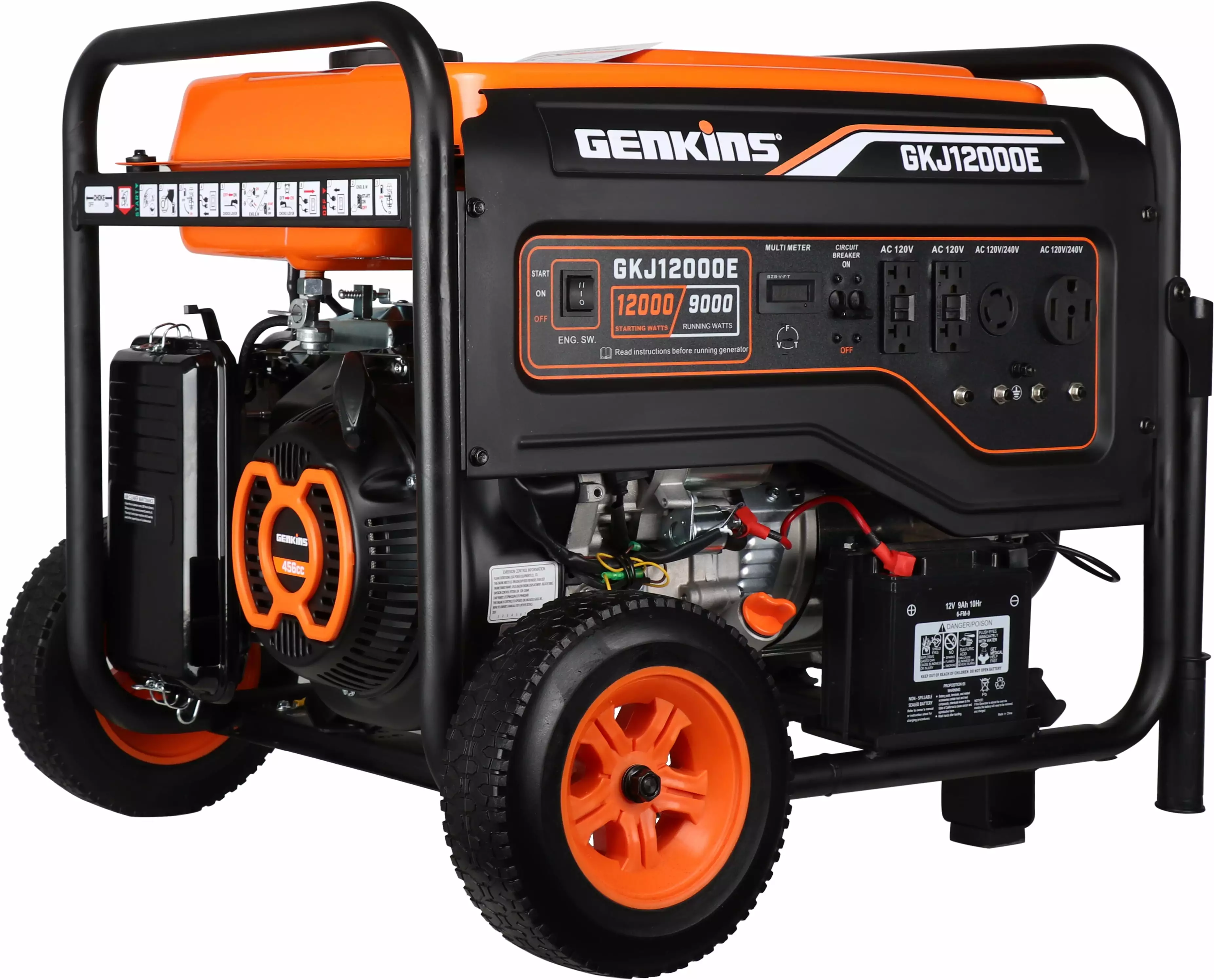Genkins GKJ12000E 12000 Watt Travel-friendly Generator W/ Electric Starter Wheel Handle Included Heavy Duty Recreation Eme...