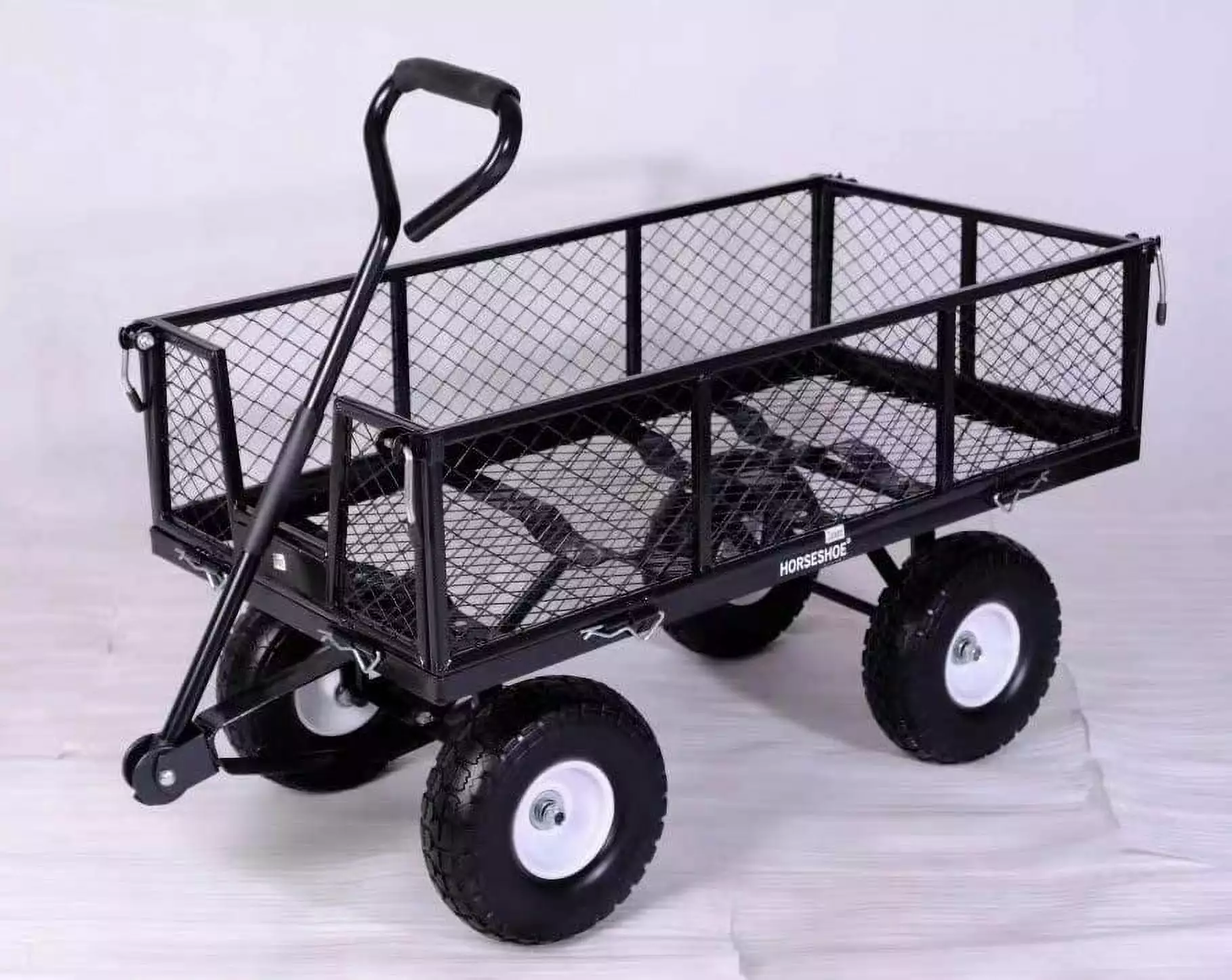 HORSESHOE Heavy Duty Steel Mesh Garden Cart Utility Wagon Installed 4.10/3.50-4 FLAT FREE Tire on Steel Wheel Assembly. w/...