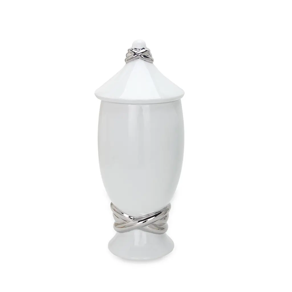 White Ceramic Decorative Jar Silver Accent And Lid Home Decor furnings