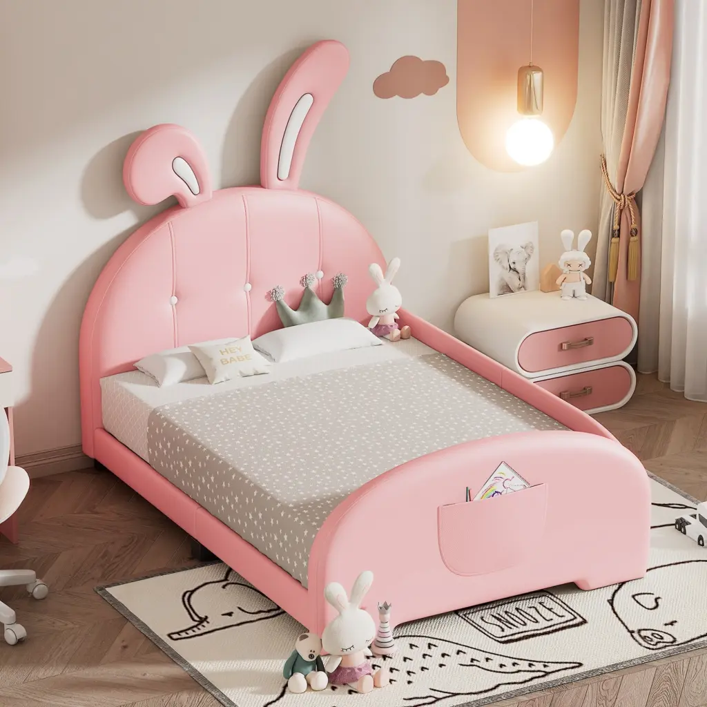 Twin Upholstered Rabbit Influence Princess Bed Platform Frame homey life