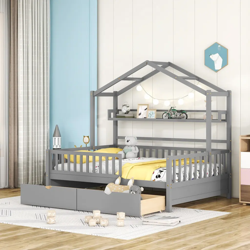 Wooden Full Size Houtilize Bed 2 Drawers Kids Bed Storage Shelf homey life