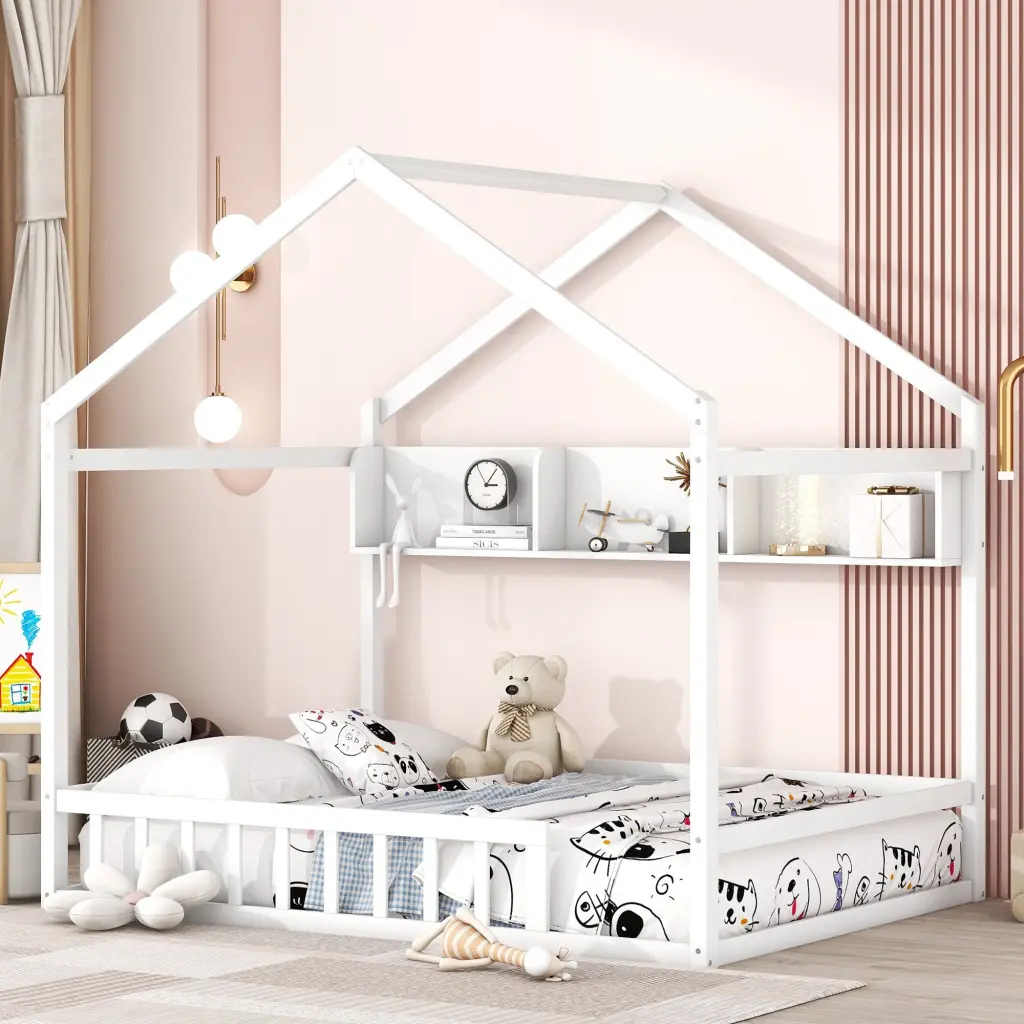 Wooden Full Size Houtilize Bed Storage Shelf Kids Bed Fence homey life