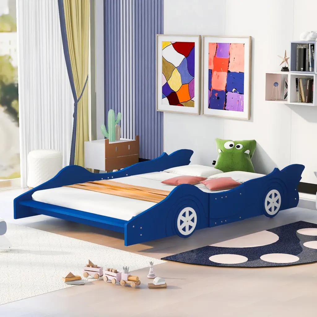 Full Size Race Car Influenced Platform Bed Wheels Blue Plywood lucky furniture