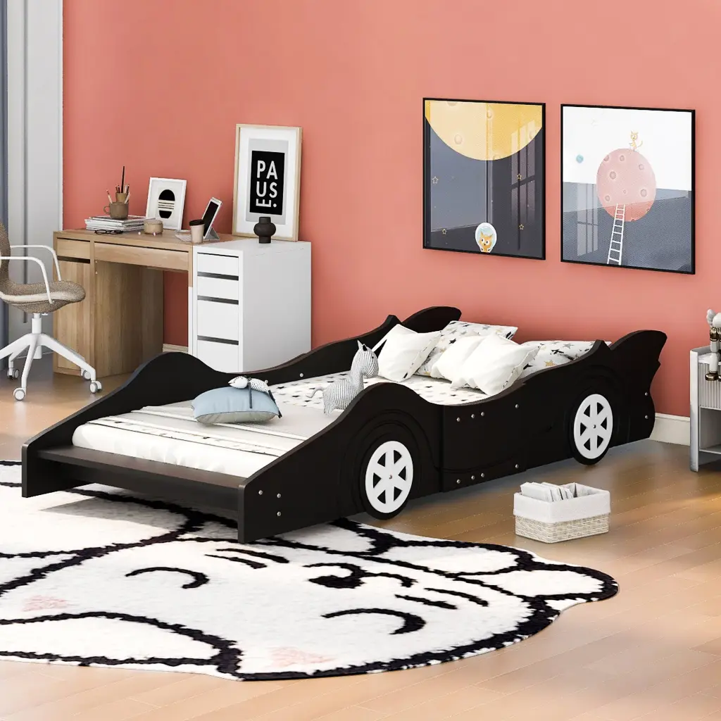 Twin Race Car Platform Bed Wheels Black Plywood lucky furniture