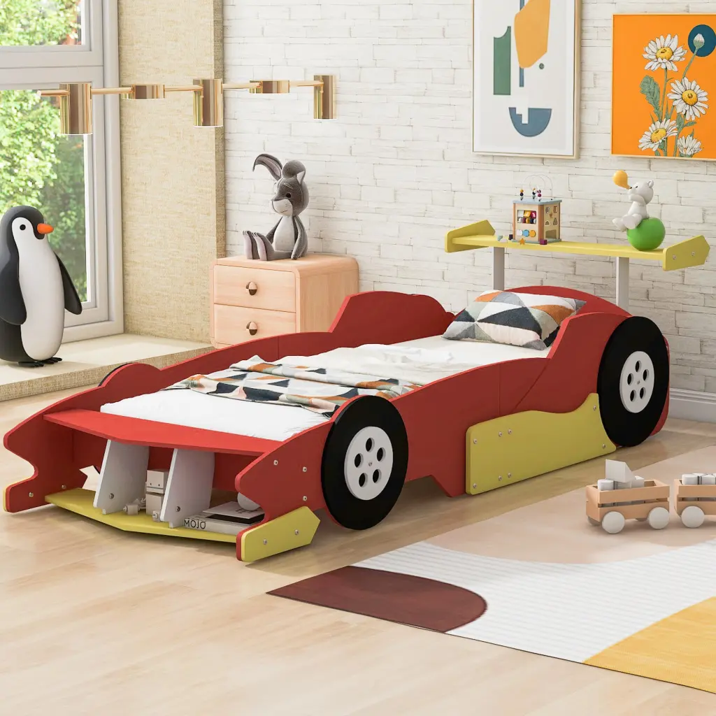 Twin Size Race Car Influenced Platform Bed Wheels Red Plywood lucky furniture