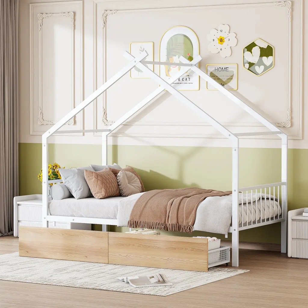 Twin Metal House Bed Two Drawers White Frame lucky world