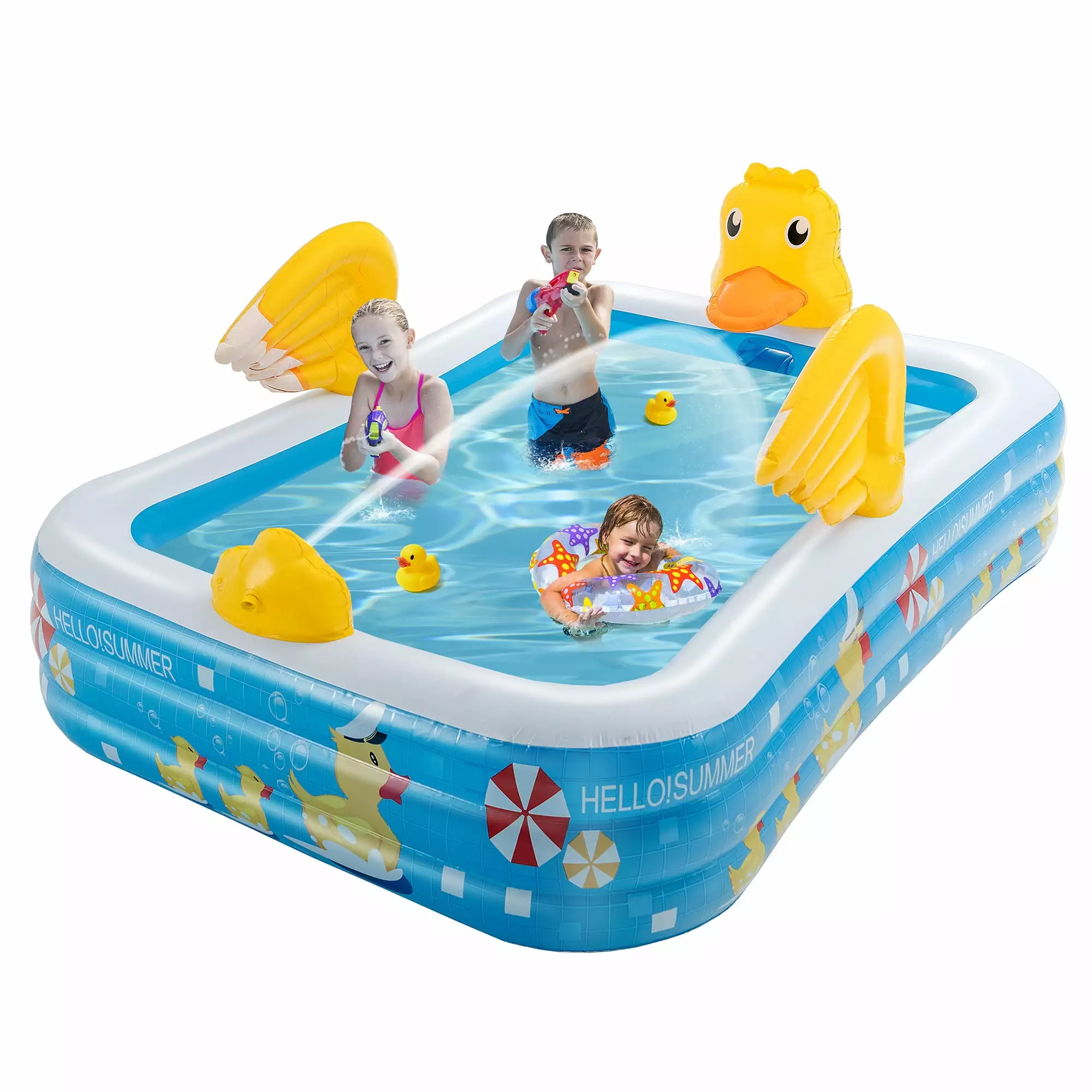 Costway Inflatable Swimming Pool Duck Themed Kiddie Pool Sprinkler Age 3+