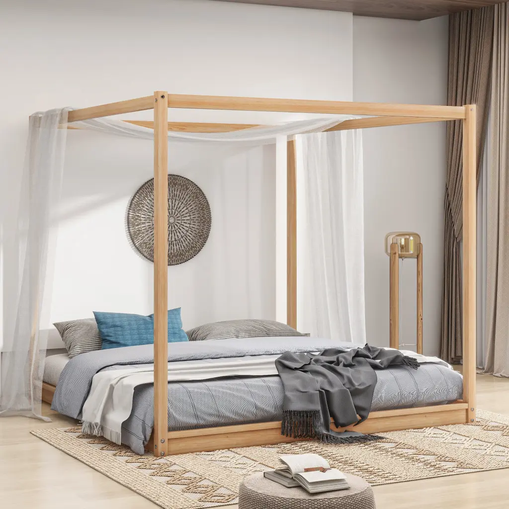 King Size Canopy Platform Bed Support Legs Natural Box Spring Not Included wm store