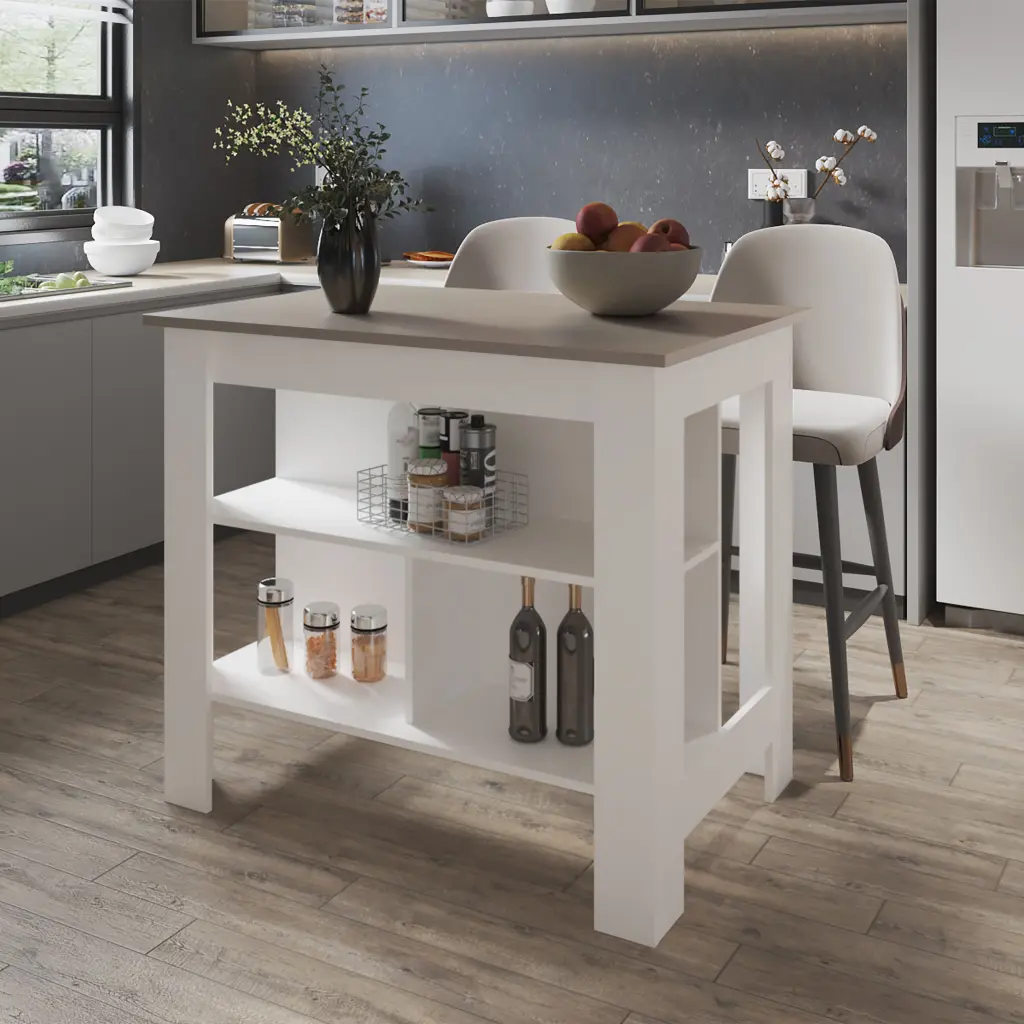 Aztec Kitchen Island Melamine Open Storage Taupe White Multi fm furniture