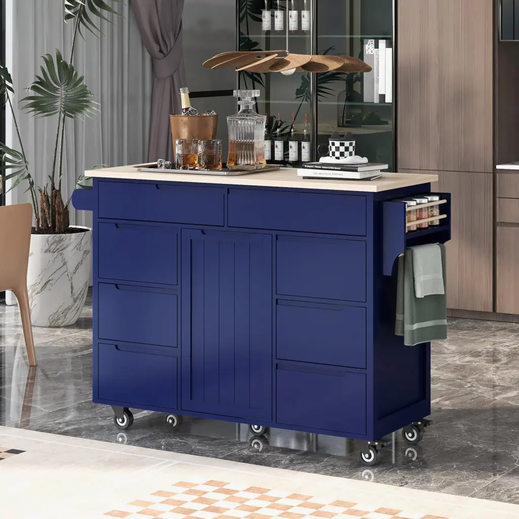Kitchen Cart Rubber Wood Countertop 8 Handle Kitchen Island k-k store