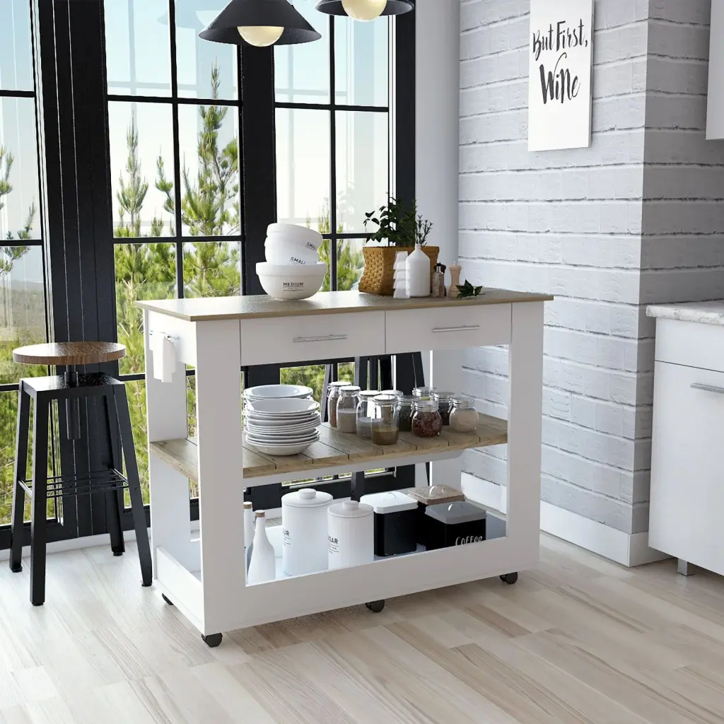 Kitchen Island 36 Inches Height Six Casters Two Drawers Two Open Storage Shelves Mobile Cart depot e-shop