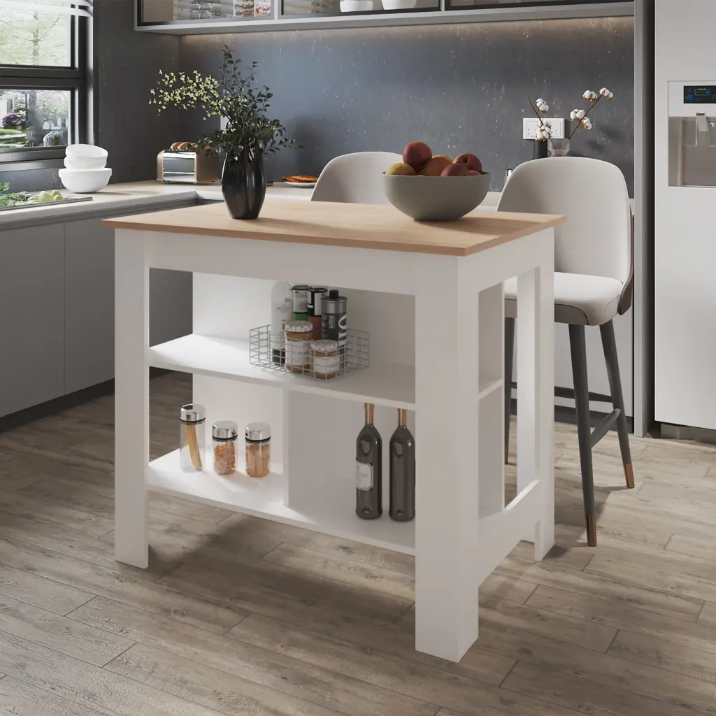 Aztec Kitchen Island Melamine Open Storage Light Pine White Finish fm furniture