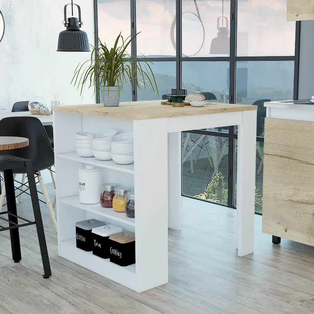 Elkins 3 Drawer Kitchen Island White And Pine White Particle Board Storage furniture max