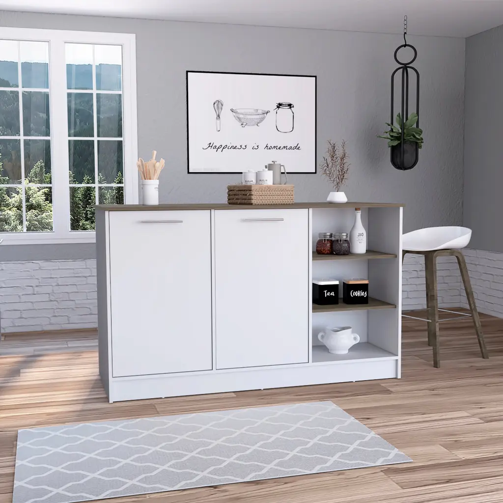 Ginger Kitchen Island Three Open Shelves Two Cabinets Multi Functional Kitchen Furniture tuhome