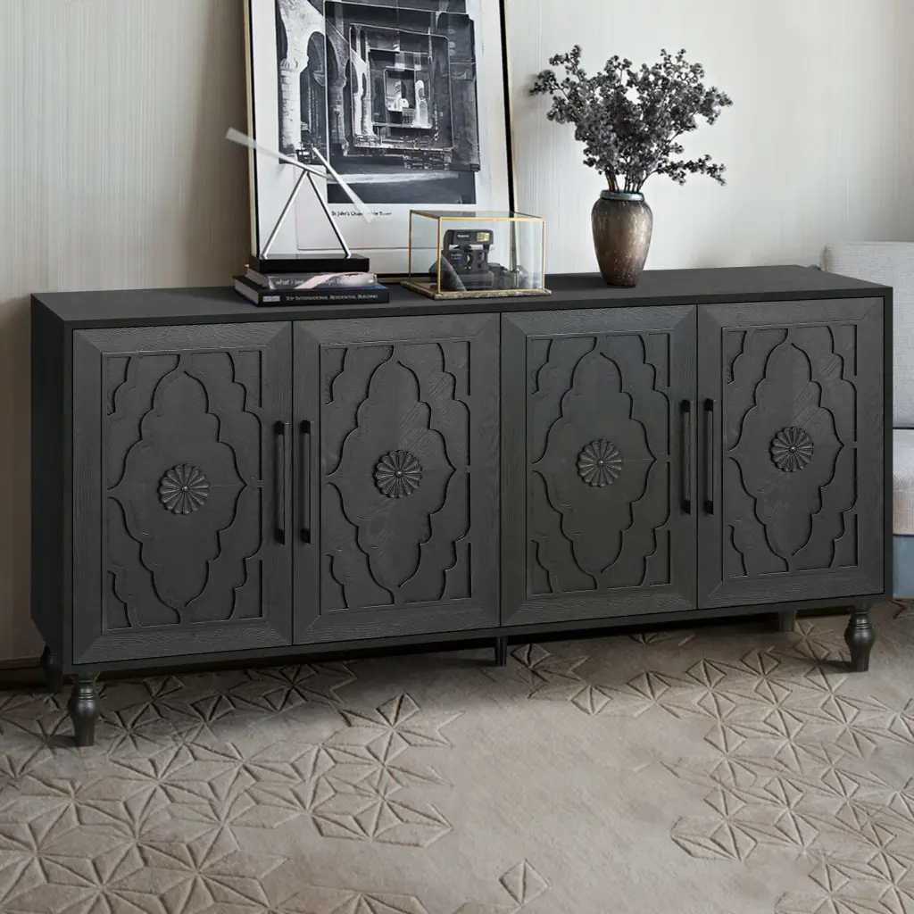 Carved Flower Door Large Storage Cabinet Metal Handle Living Room rnb