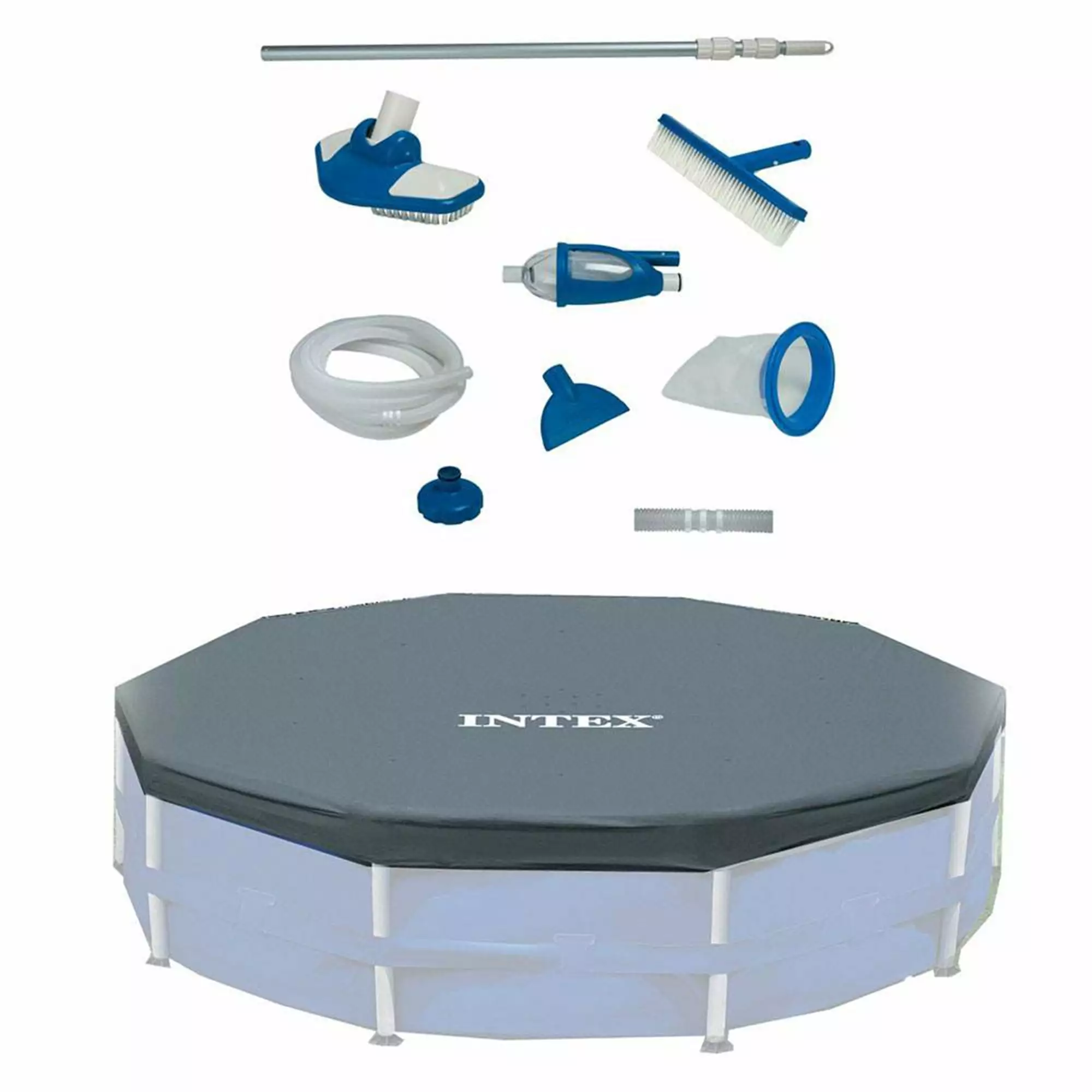 Intex Deluxe Maintenance Cleaning Kit and 12-Foot Round Frame Easy Set Pool Cover