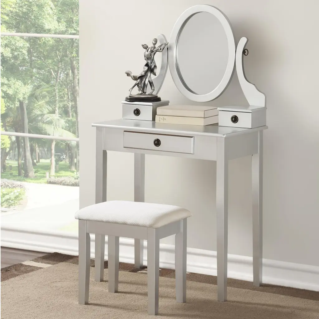 Moniys Wood Makeup Vanity Table and Stool Set Silver Bedroom hz