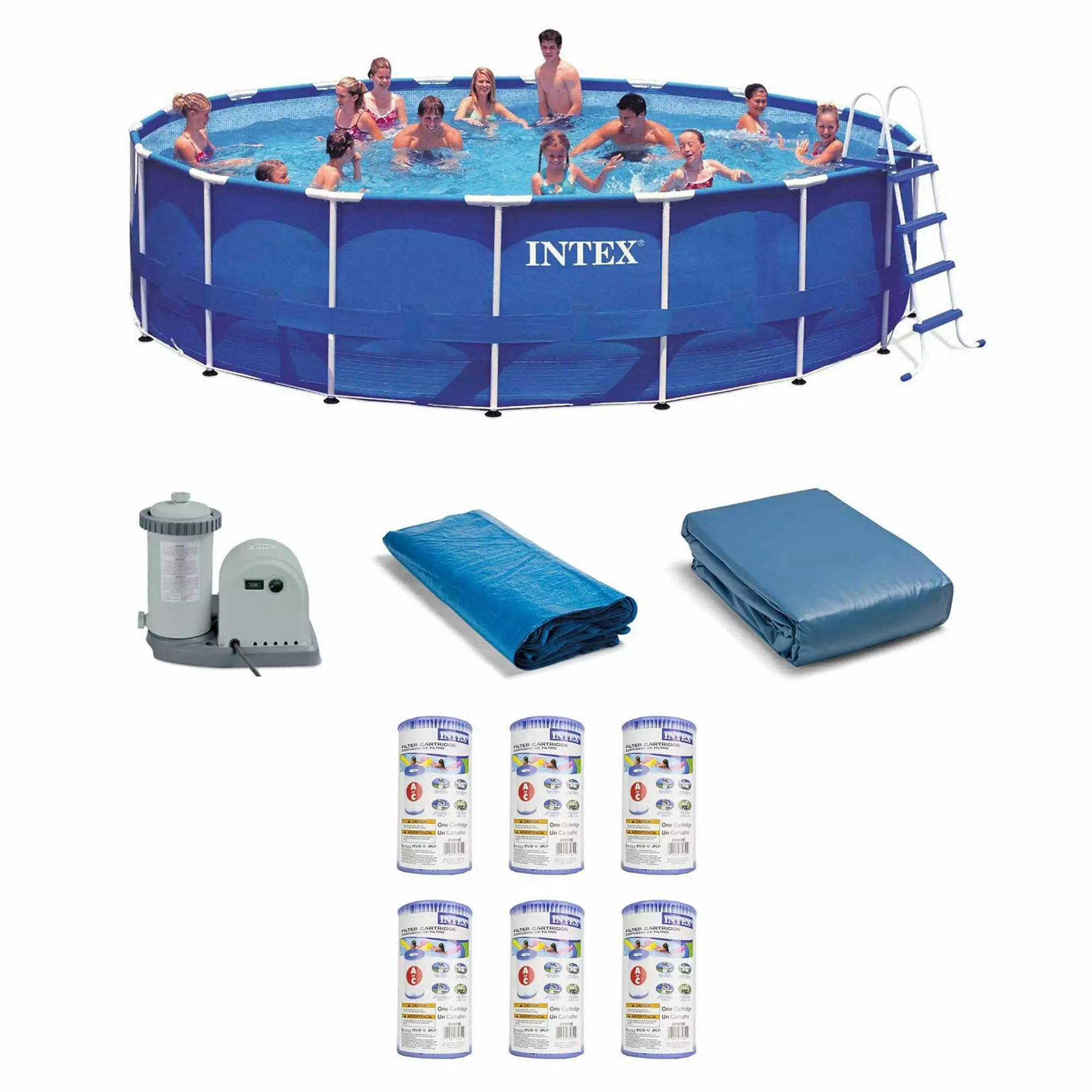Intex 18ft x 48in Metal Frame Swimming Pool Set Pump and 6 Filter Cartridges