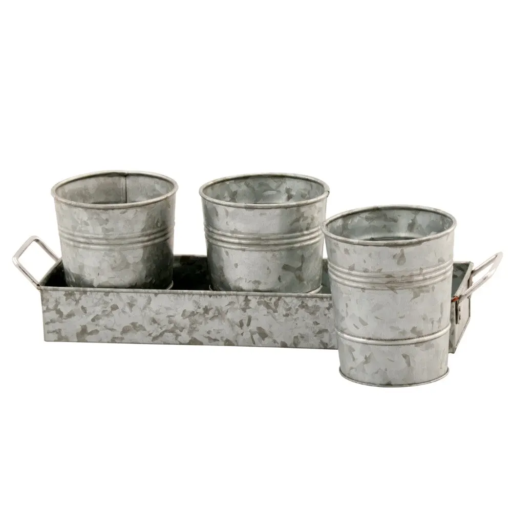 Galvanized Set Three Planters Tray Gray Metal Outdoor Garden Decor royal hampton