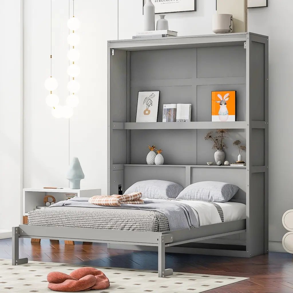 Full Murphy Bed Wall Bed Shelves Gray Solid Wood MDF lucky furniture