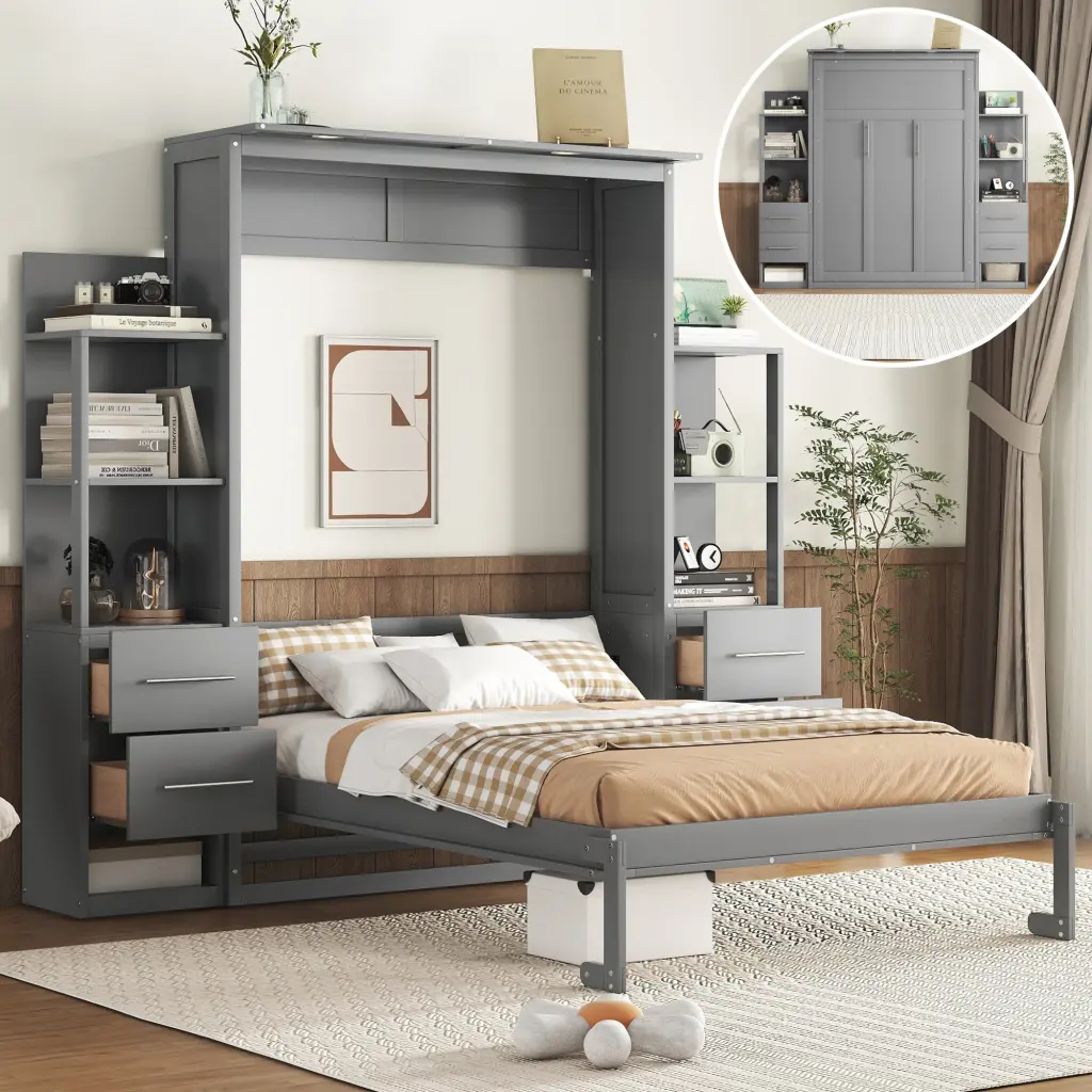 Full Size Murphy Bed Shelves, Drawers, and LED Lights lucky furniture