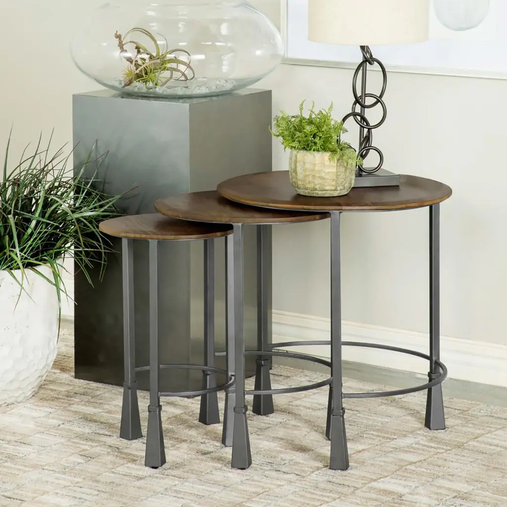 Natural And Gunmetal 3 Piece Nesting Table Brown Primary Living Space furniture max