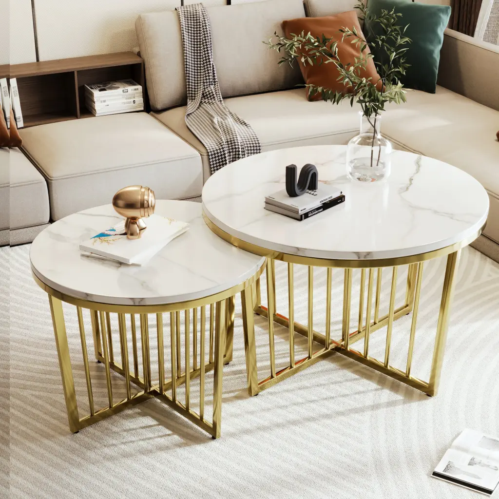 Modern Round Nesting Coffee Table Set 2 Piece White & Marbling Top Gold rnb