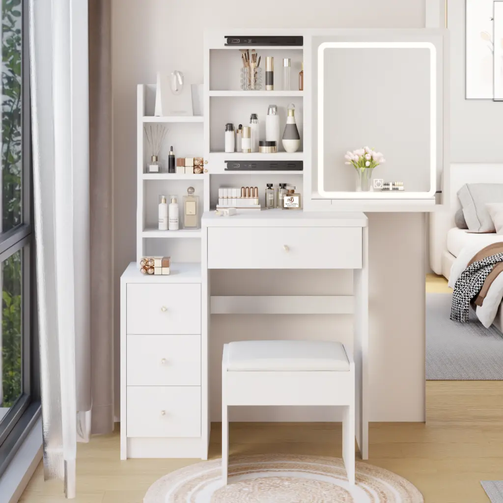 Small Left Bedside Cabinet Vanity Table Cushioned Stool Extra Storage crazy elf