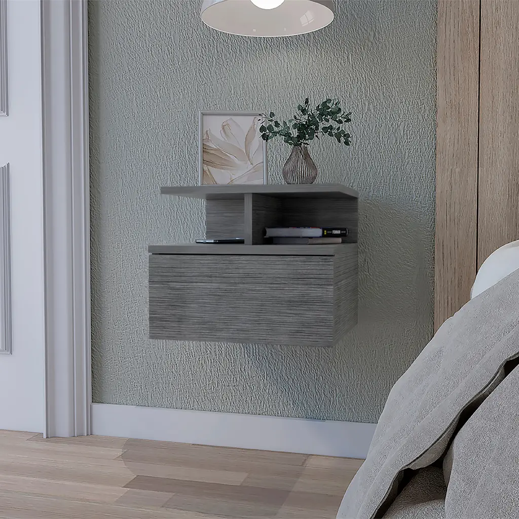 Smokey Oak 2 Tier Shelf Floating Nightstand Gray 1 Drawer Bedroom furniture max