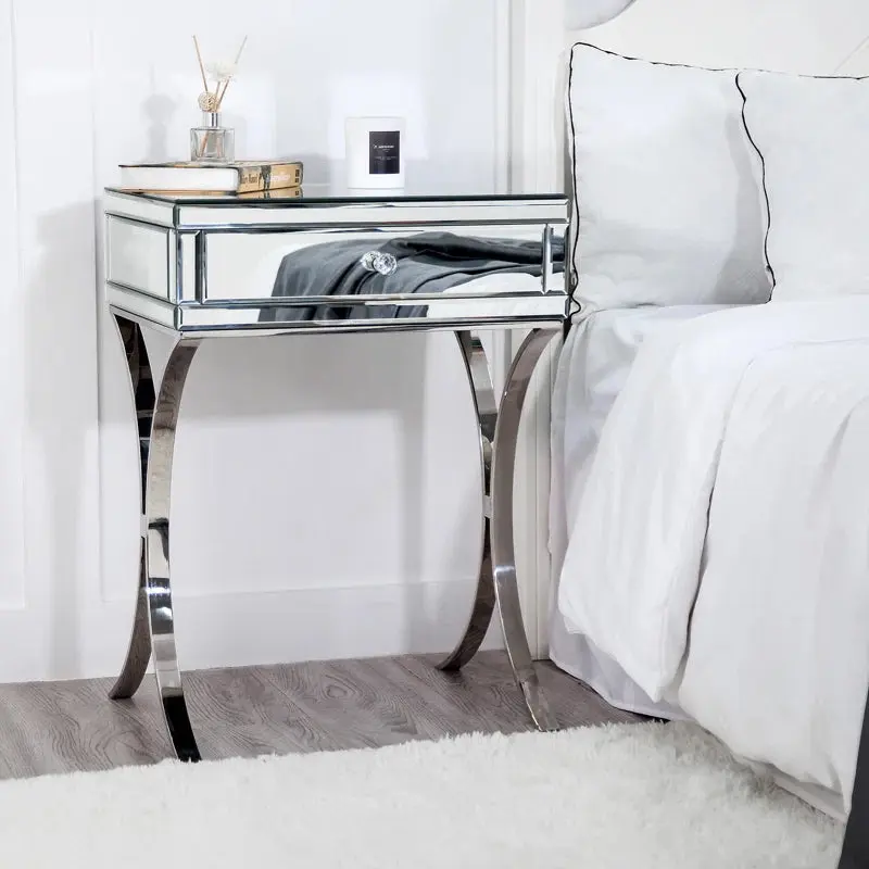24 Inch Tall Mirrored Nightstand 1 Drawer Metal Cross Legs Silver Finish glam furniture