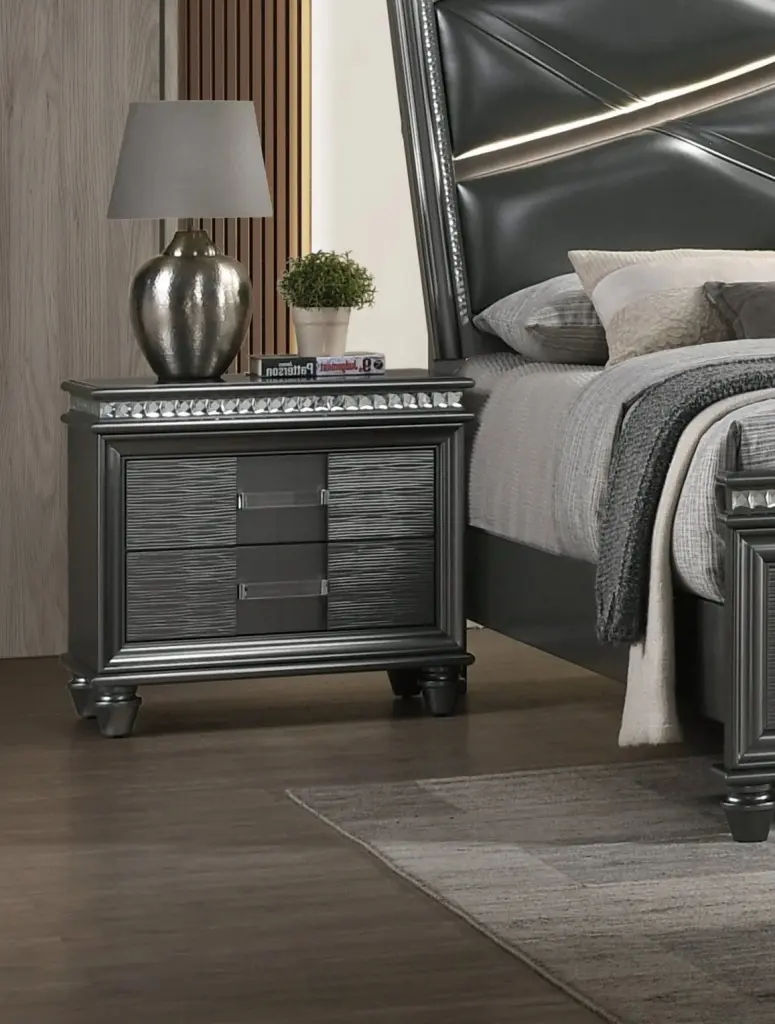 1Pc Modern Glam Style Dark Gray Finish Crystal Inlay Edges Two Drawer Nightstand kanepe