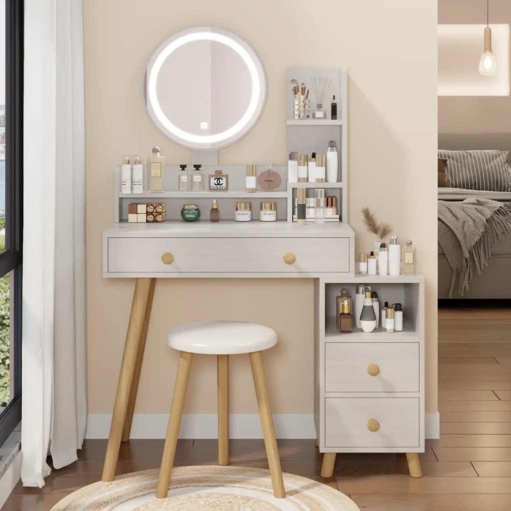 Round Mirror Bedside Cabinet Vanity Table Cushioned Stool 17 Inch Diameter rnb