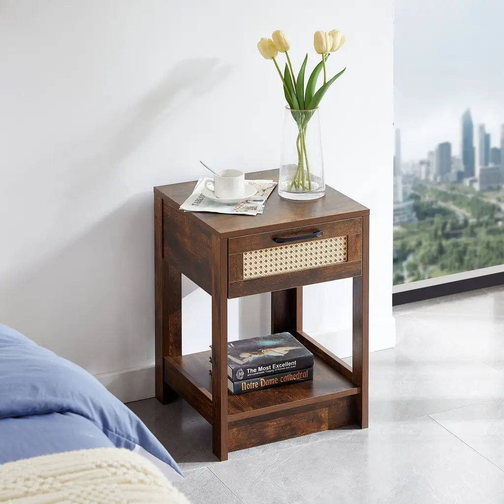 15.75 Inch Rattan End Table Drawer Modern Nightstand Side Table sya furniture