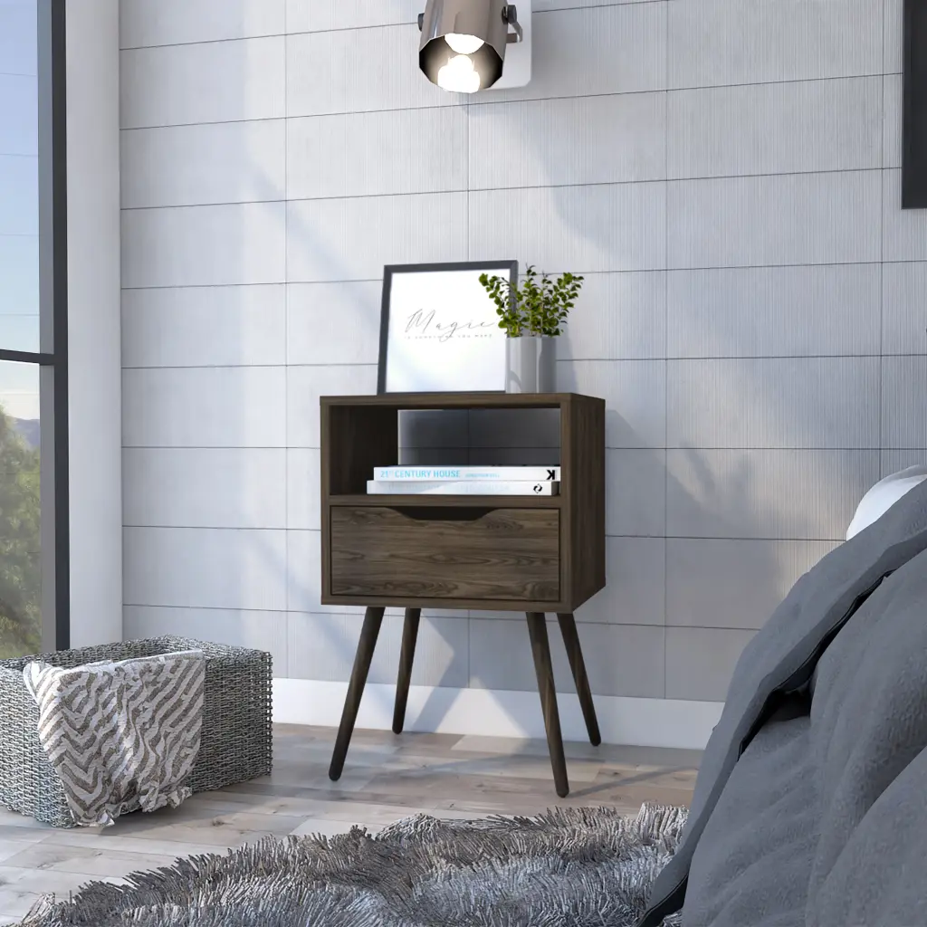 Otom Nightstand Superior Top - Open Shelf, Drawer, and Four Dark Legs tuhome