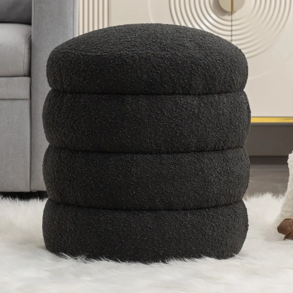 006 Soft Boucle Round Ottoman Footrest Stool Black Pouf Living Room Decor dg collection