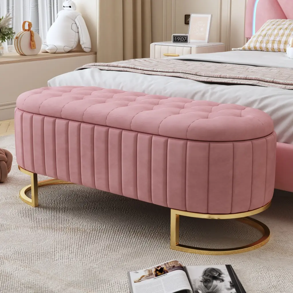 Elegant Upholstered Velvet Storage Ottoman Button Tufted Living Room Ottoman homey life